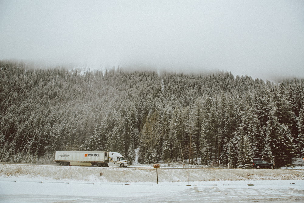 truck near trees beside mountain