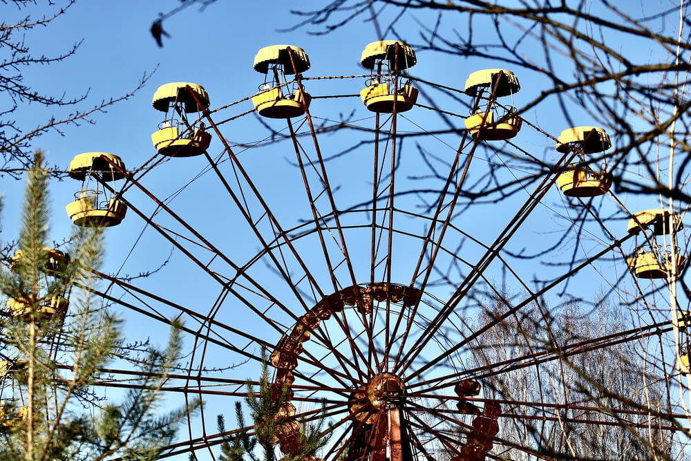 closeup photo of ferris wheel beside bare trees during daytime