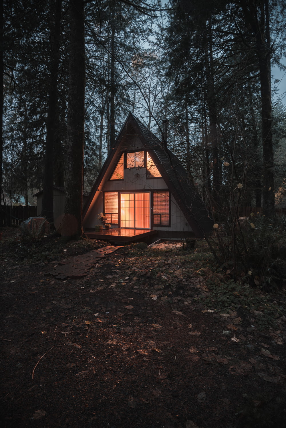 Casa di legno grigia circondata da alberi