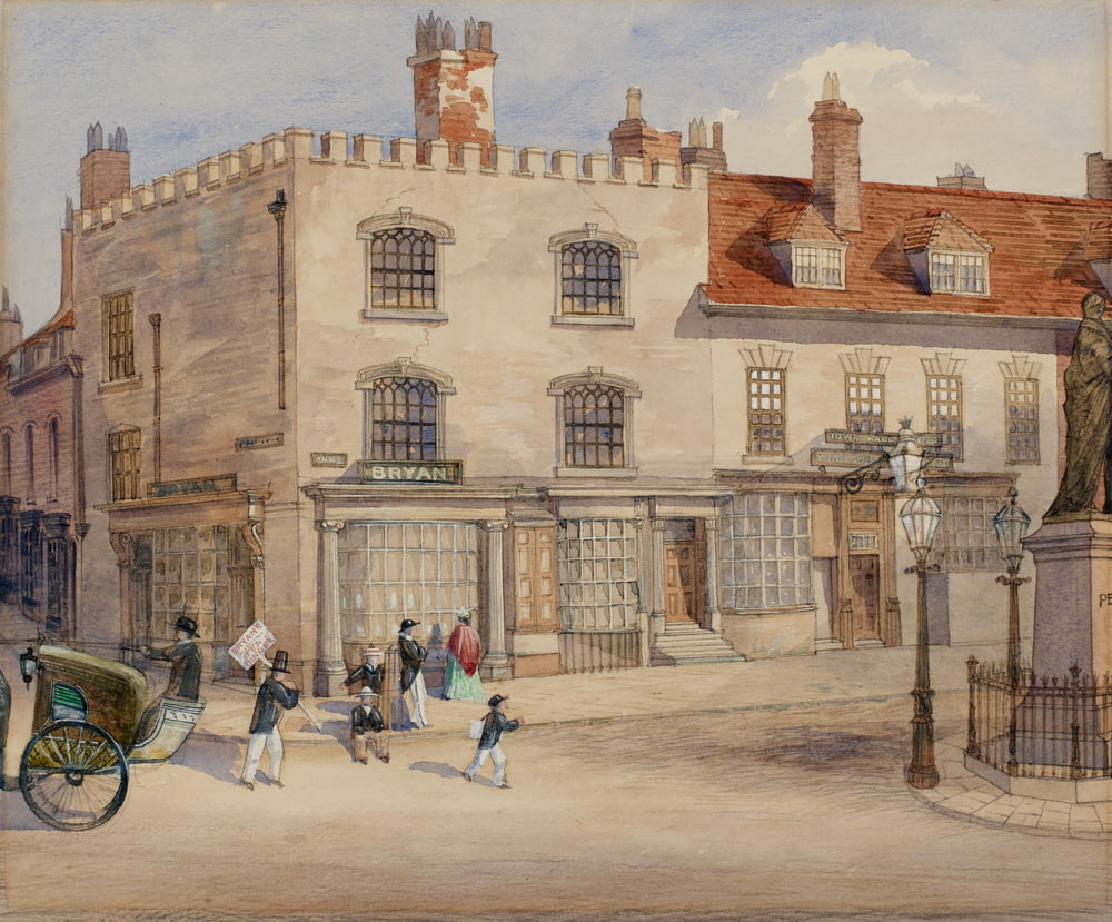 painting of gra yand brown building