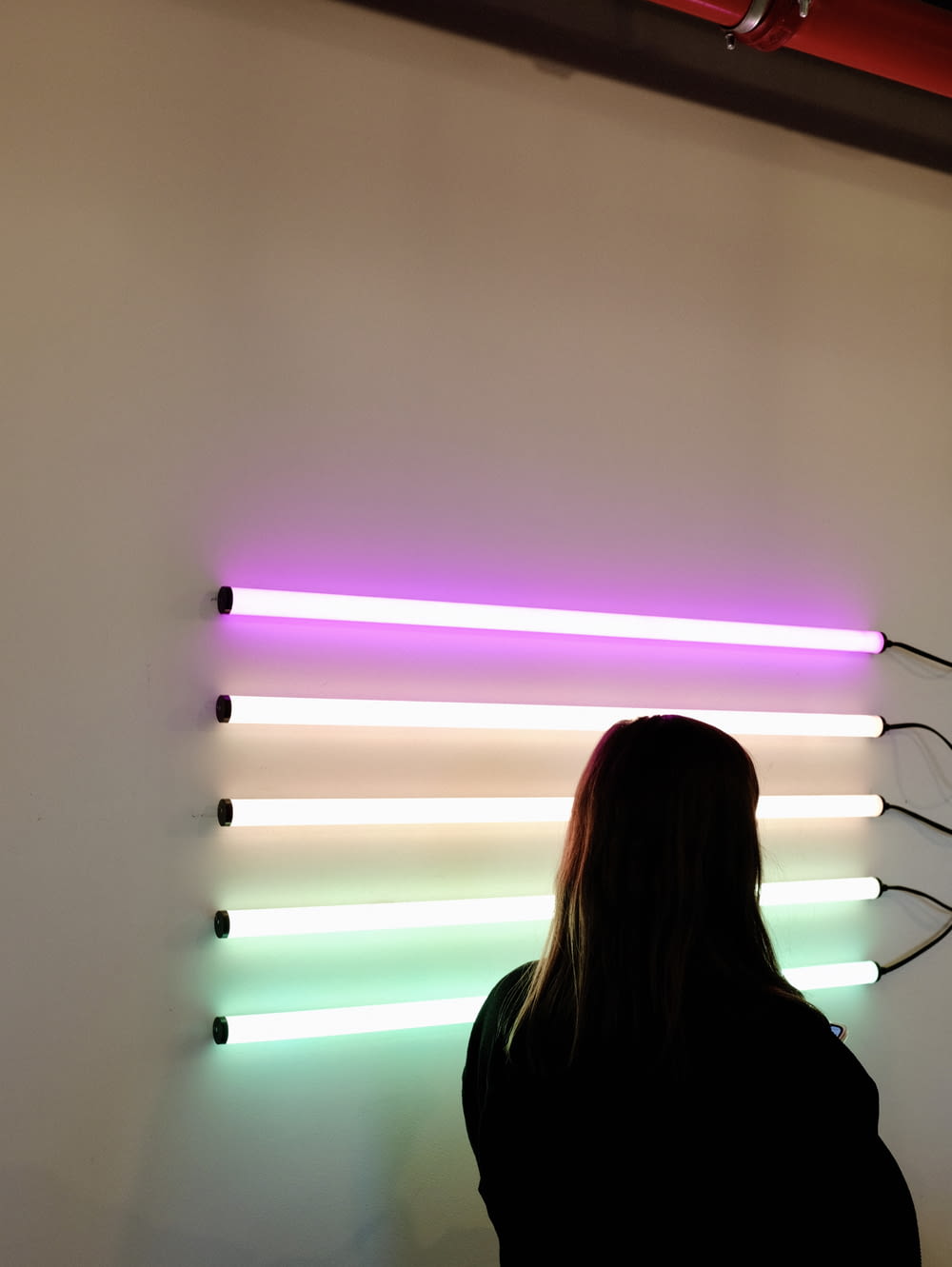 woman beside wall of turned on assorted-color fluorescent tubes