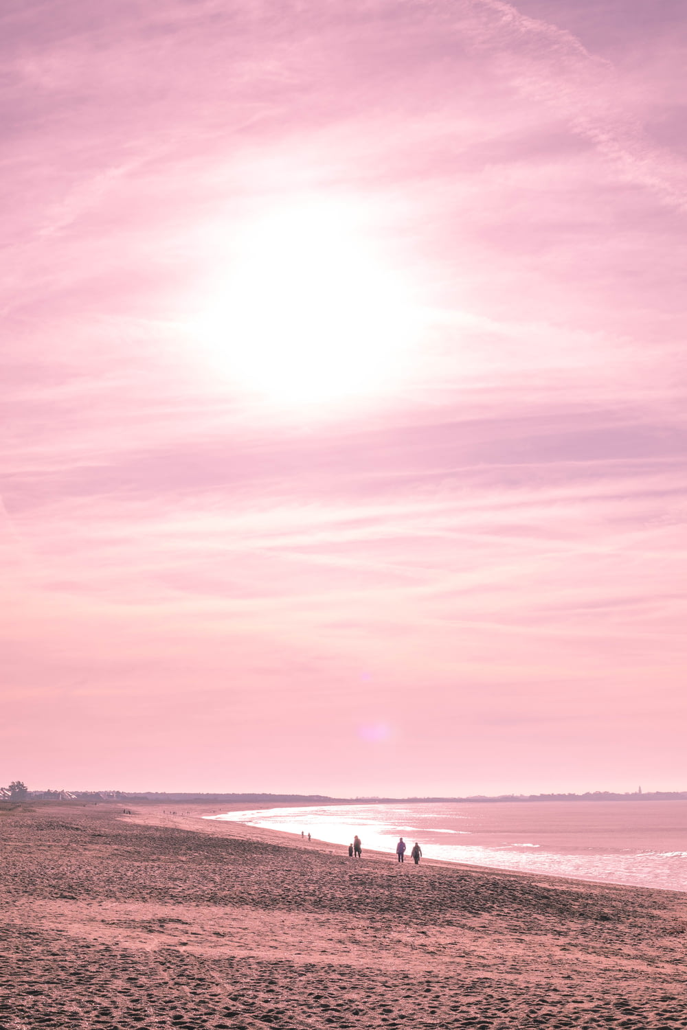 people walking along seashore during golden hour