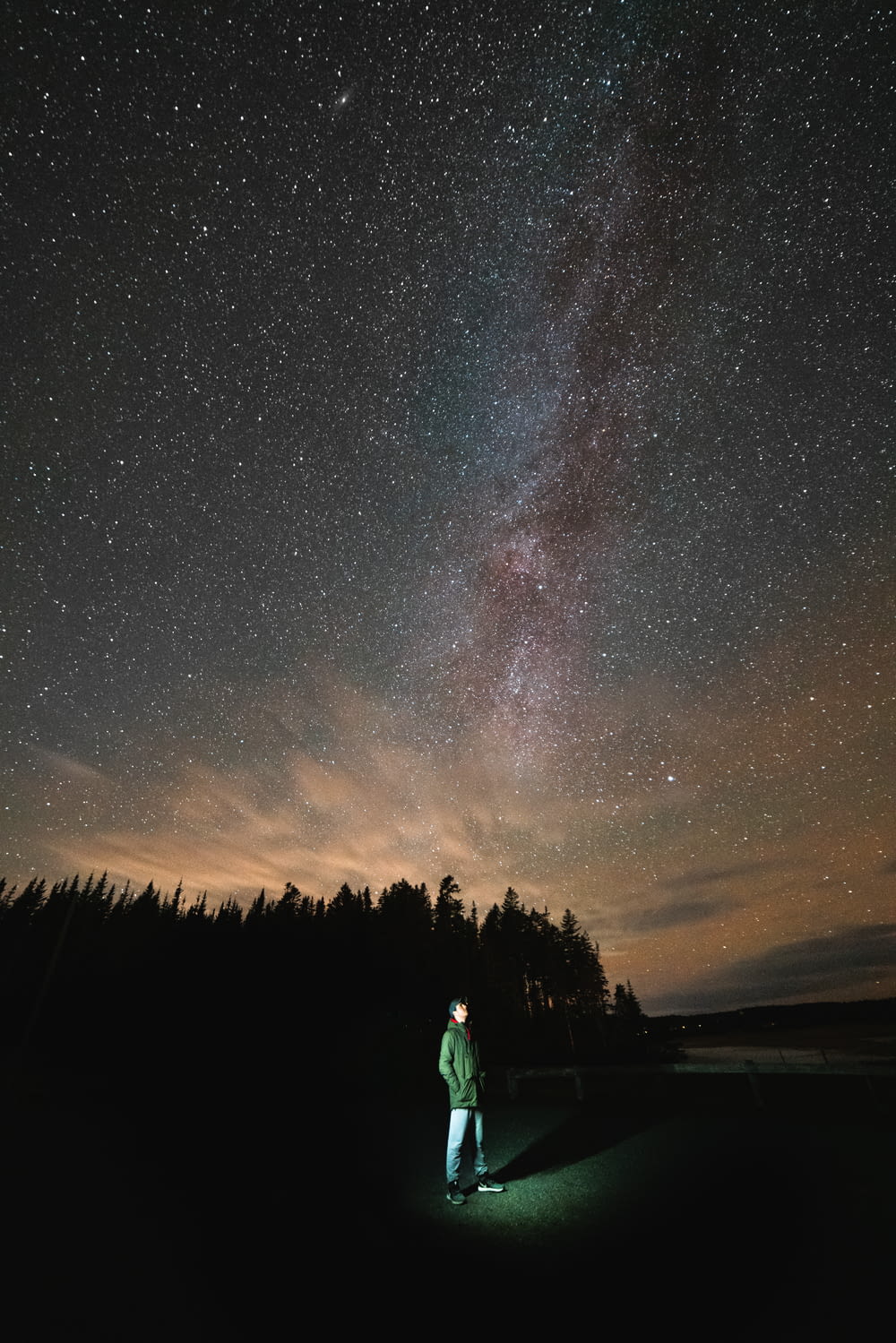 man standing on grass field near forest during night