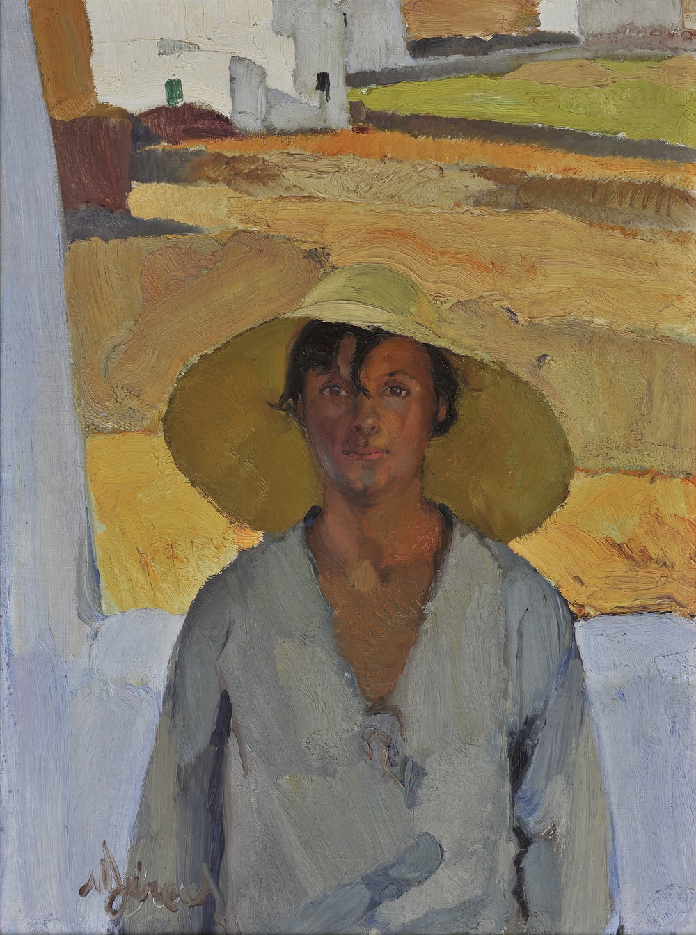 woman in blue button up shirt wearing brown straw hat