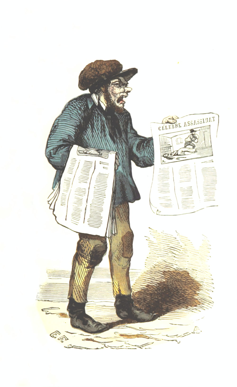 man holding newspapers painting