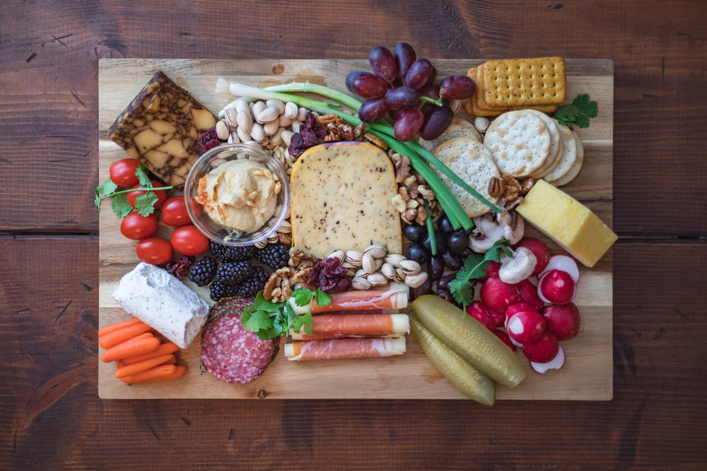 tray of food on wooden surface