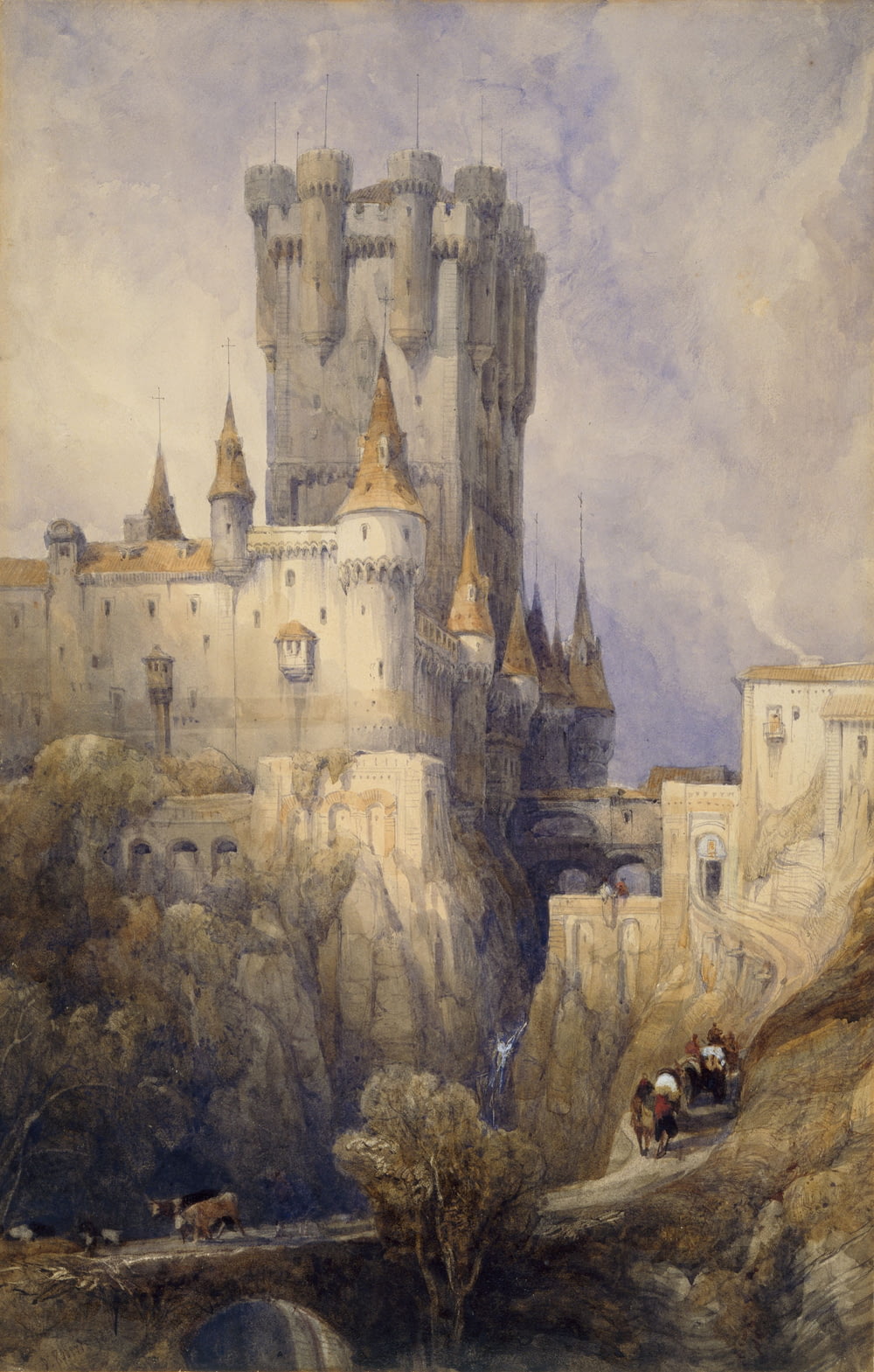 Una pintura de un castillo en una colina