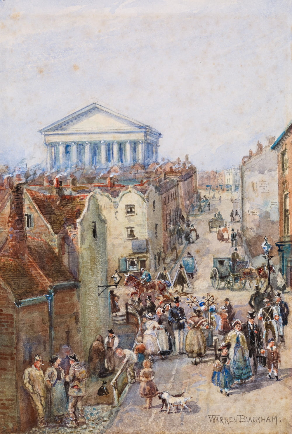 a painting of a street scene with people and horses