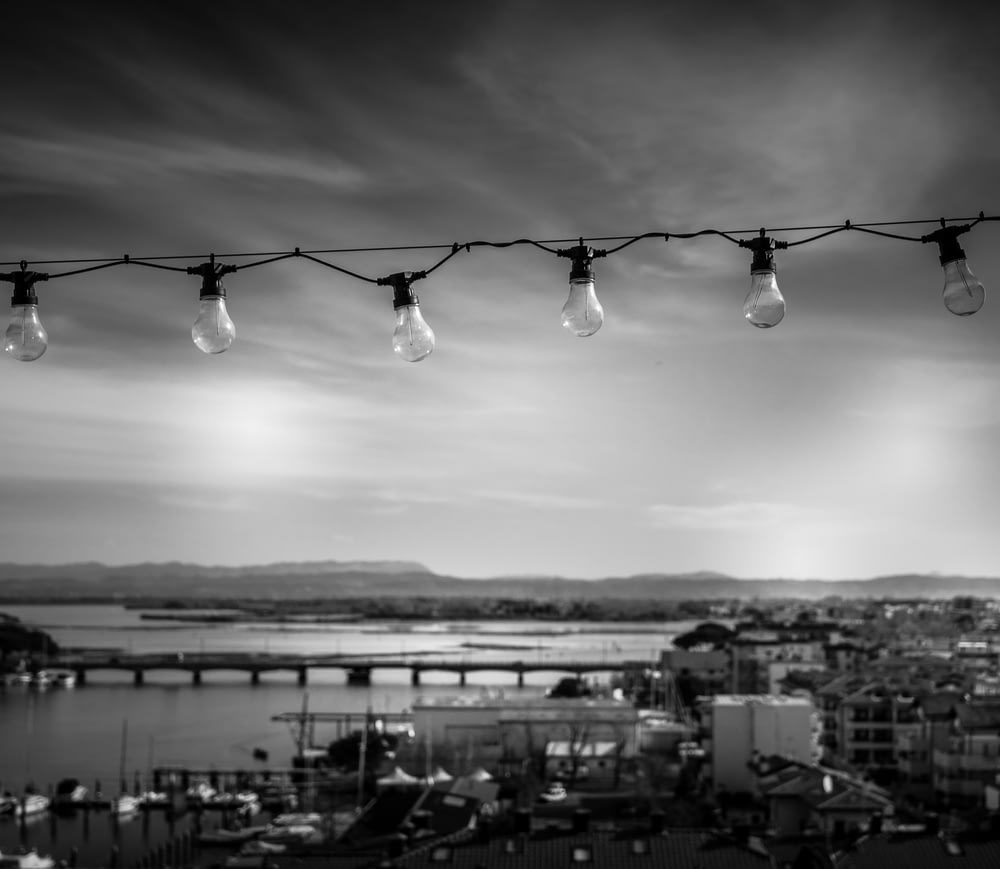 grayscale photo of hanging light bulbs