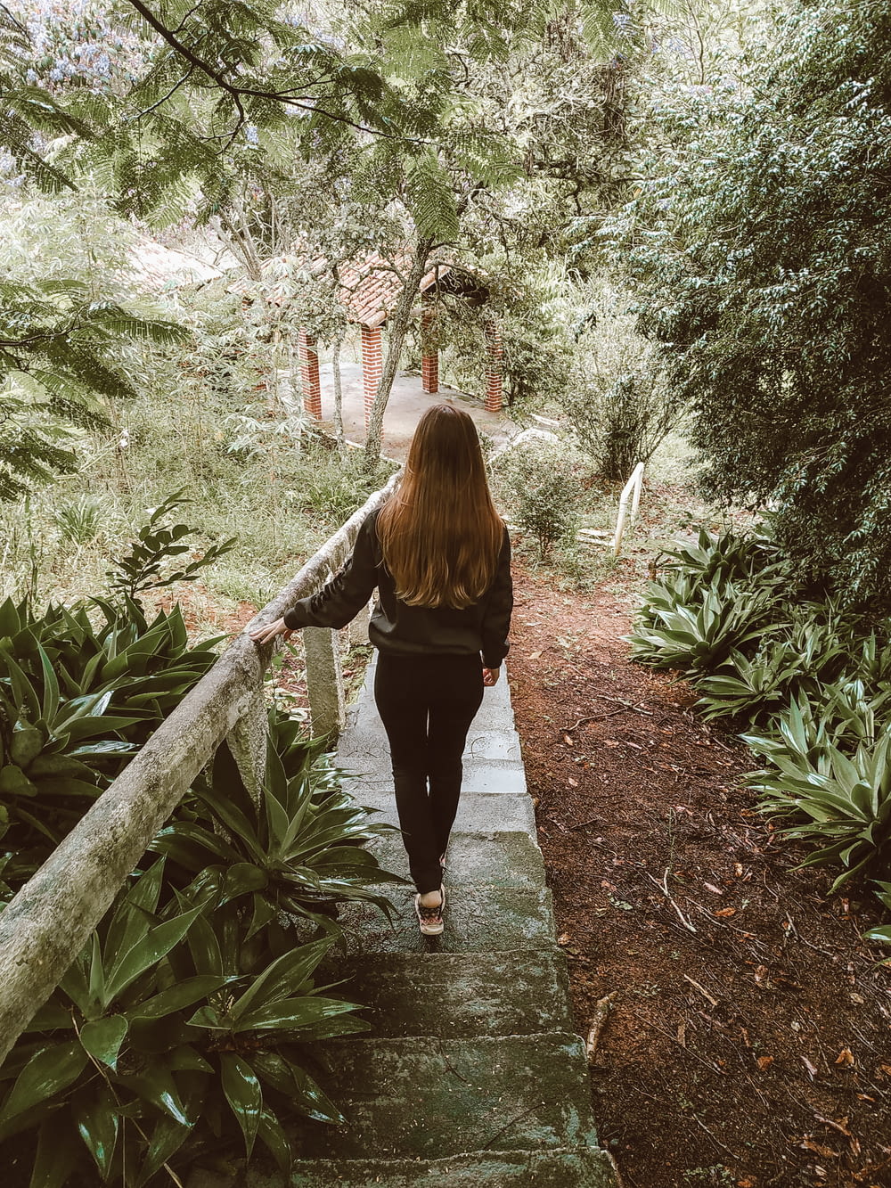 woman in black long sleeve shirt and black pants walking on pathway between green plants during