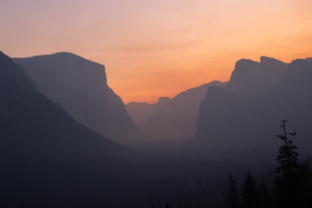 silhouette of trees and mountains during sunset