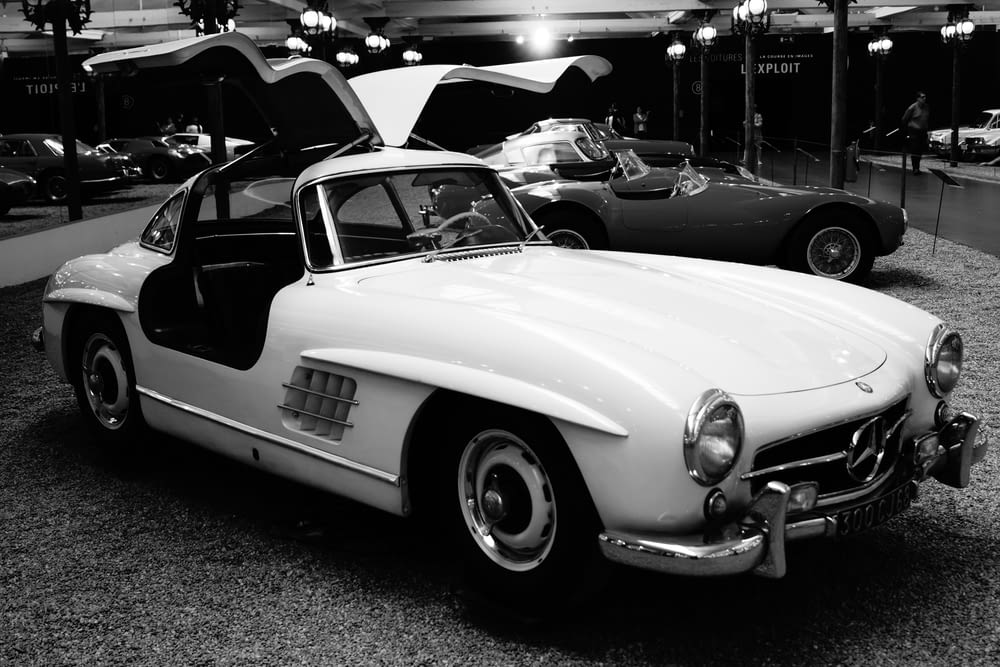 grayscale photo of classic car
