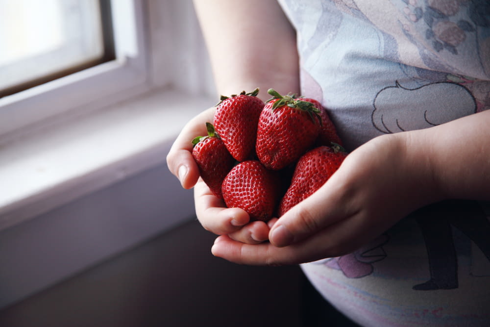 person holding red strawberries in close up photography