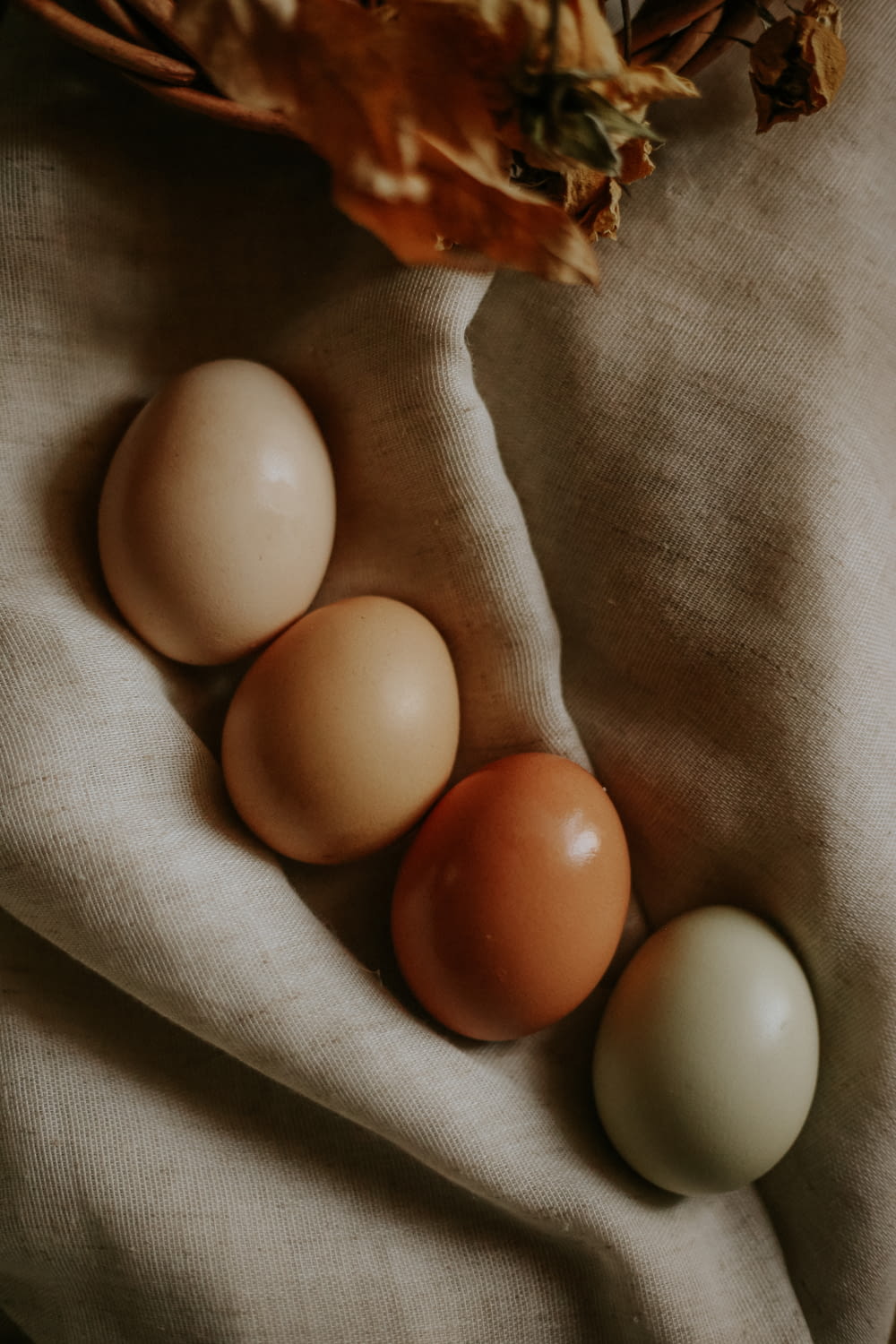 2 white eggs on gray textile
