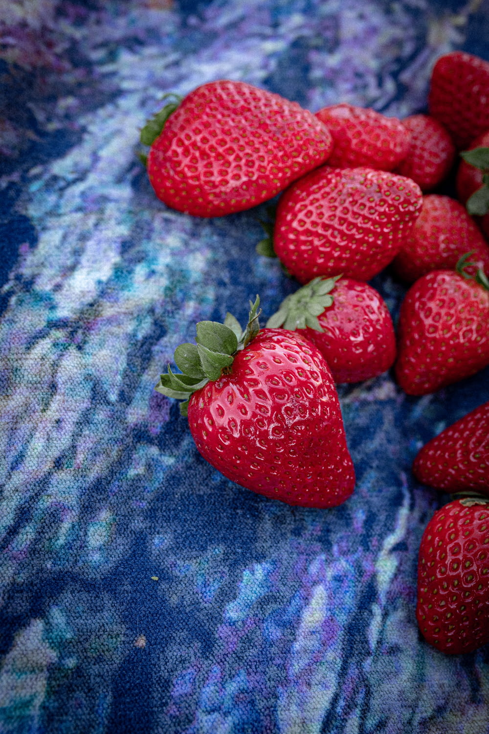 red strawberries on blue and white textile