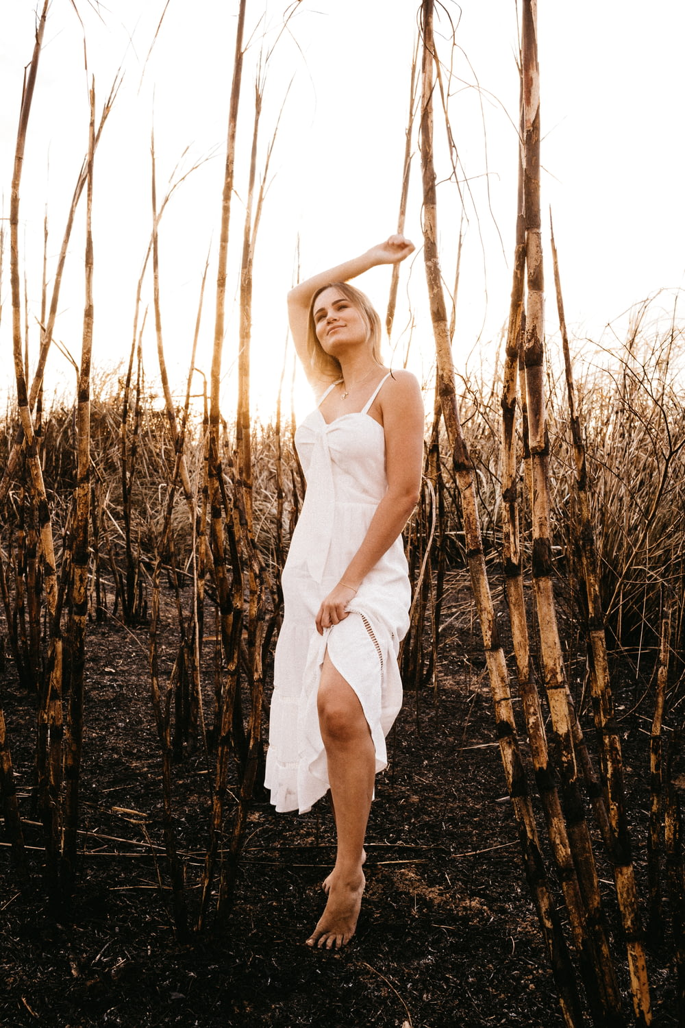 하얀 스파게티 스트랩 드레스를 입은 여자 갈색 잔디밭에 서 있다