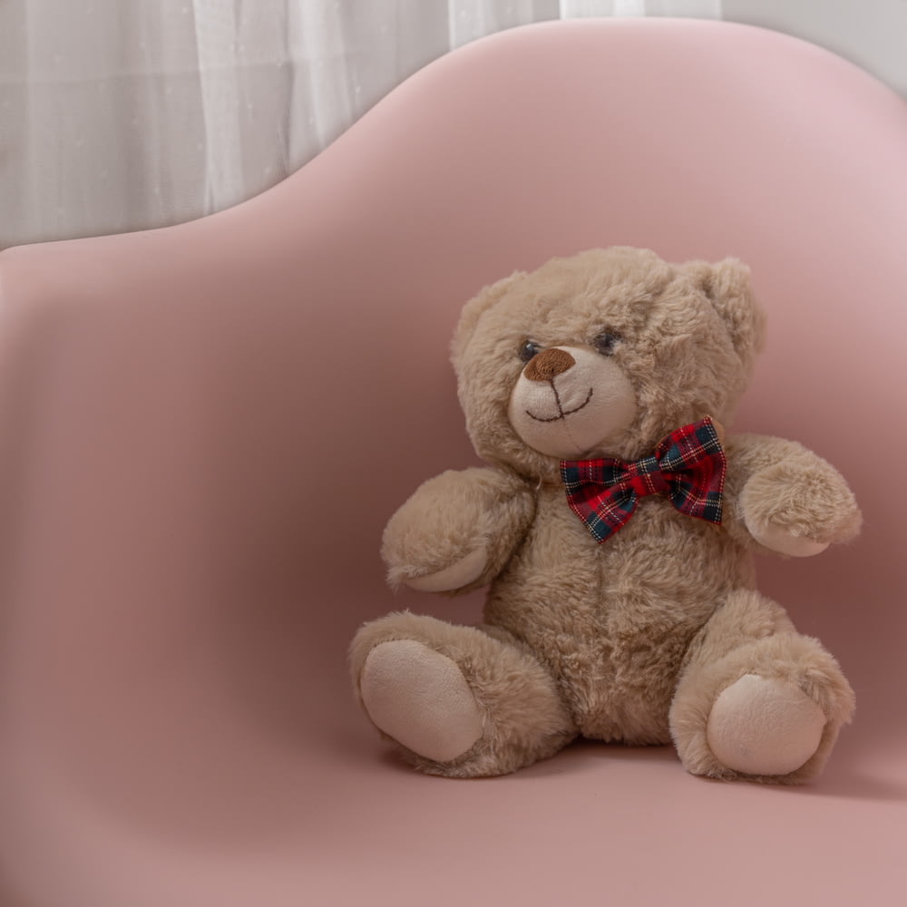 peluche orso bruno su sedia rosa