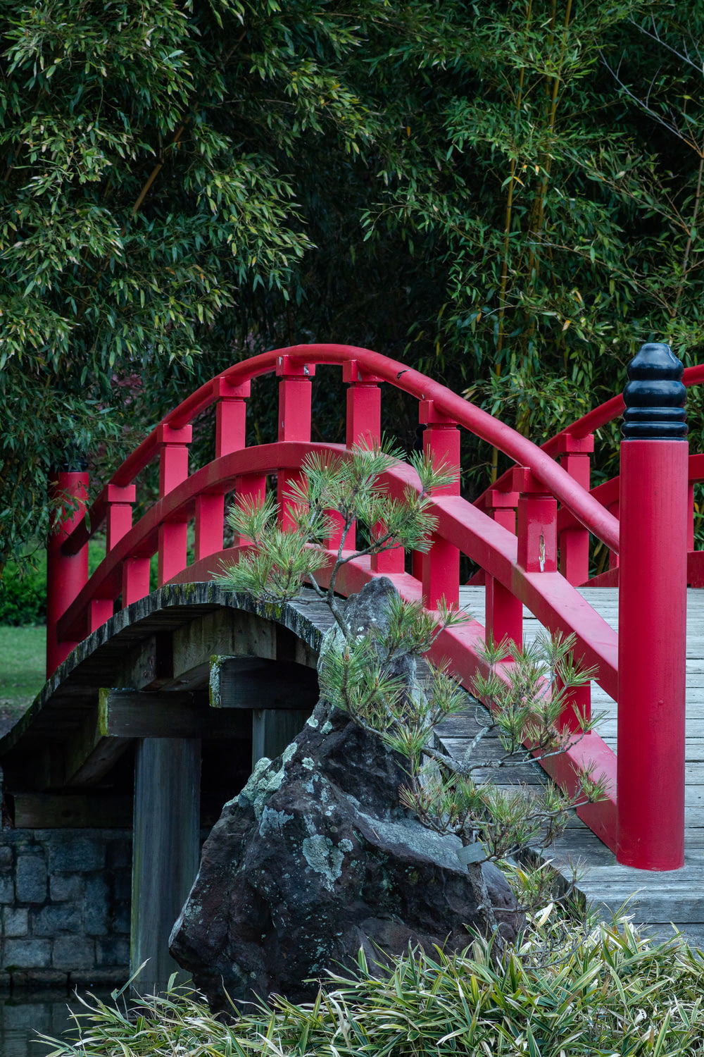 un pont rouge au-dessus d’un petit étang dans un parc