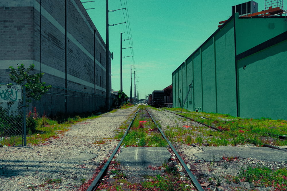 gray metal train rail in between green wall
