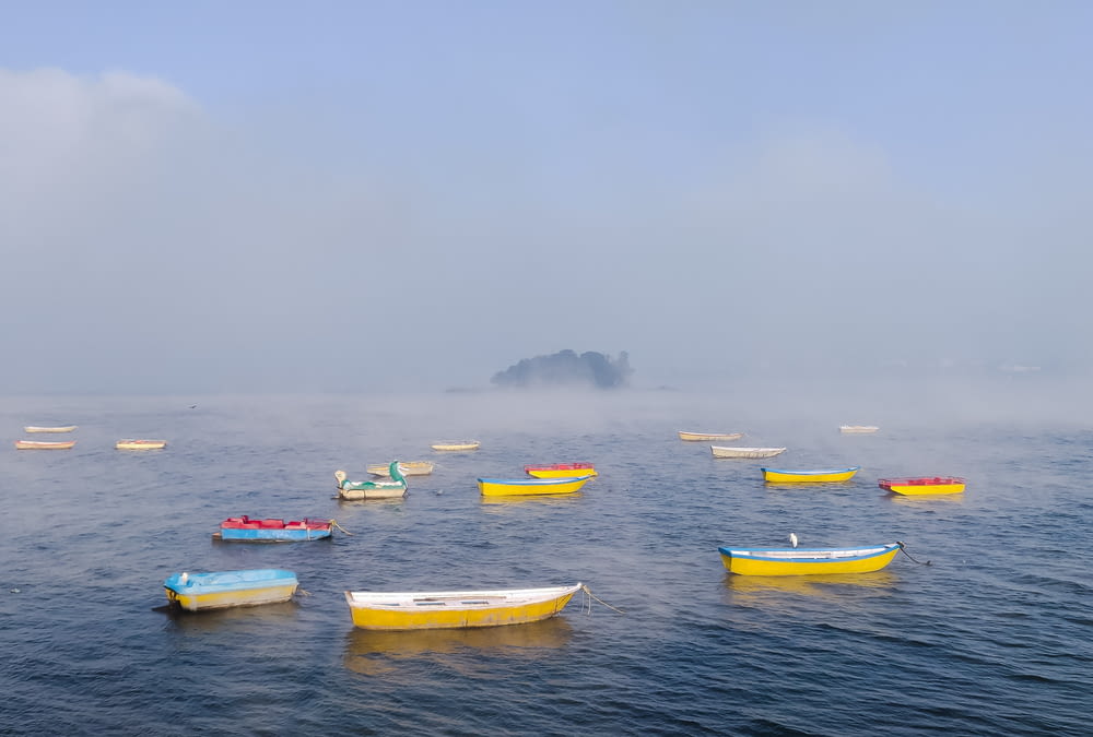 yellow and blue kayaks on sea during daytime