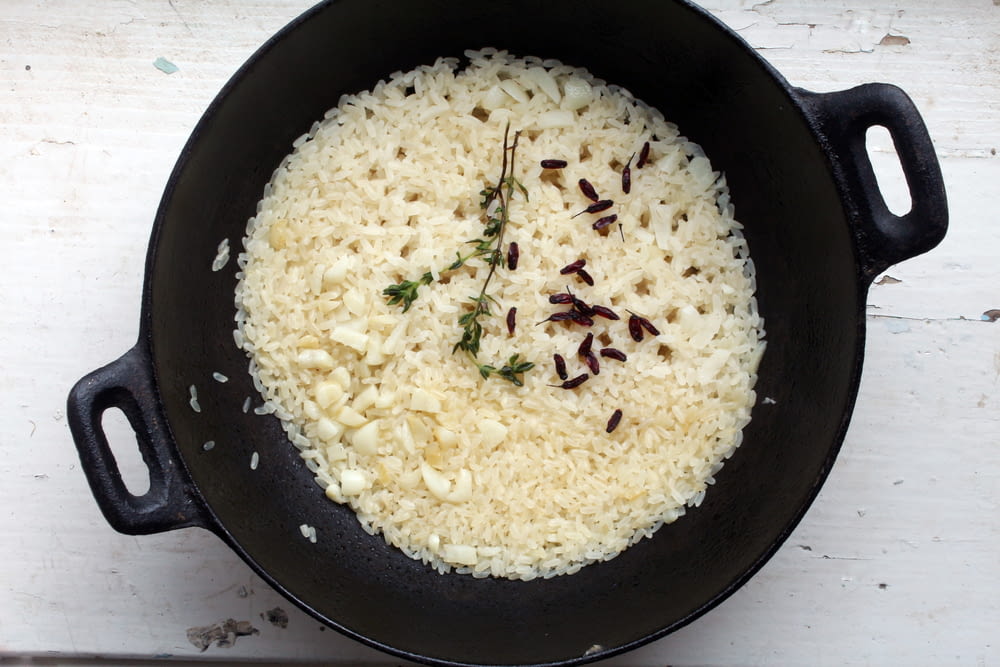 rice on black ceramic bowl