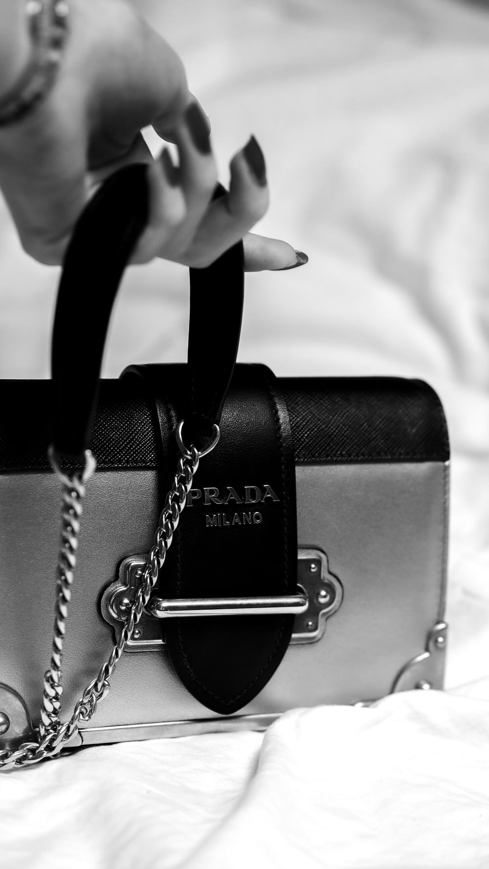 black and white leather handbag