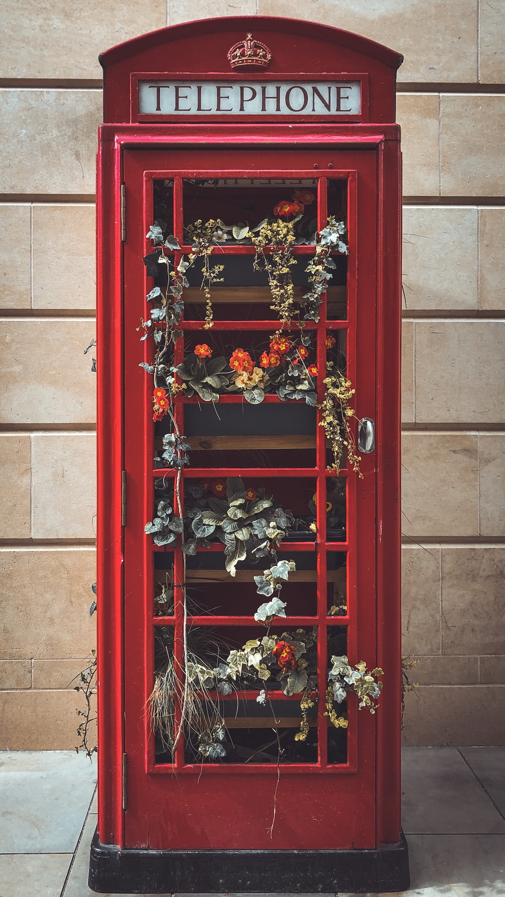 red wooden door with red and white flowers