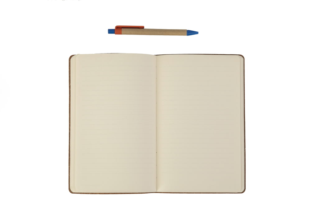 white book with blue pen