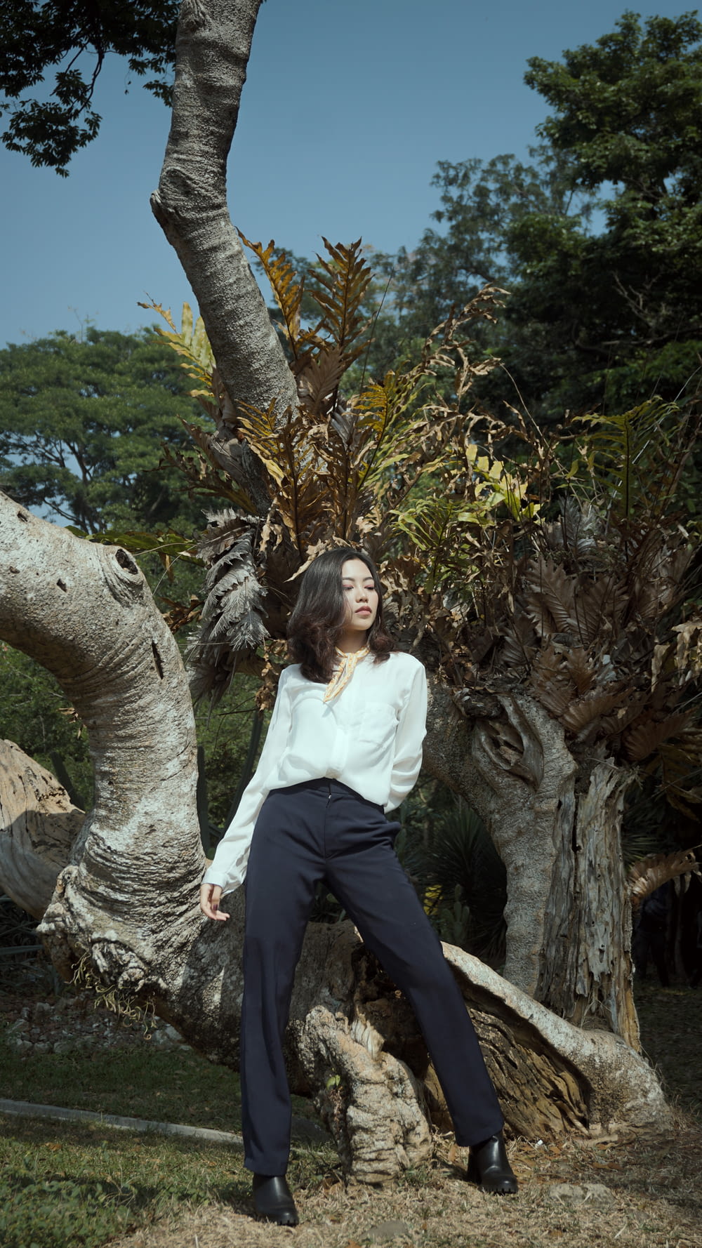 woman in white long sleeve shirt and black pants sitting on tree branch during daytime