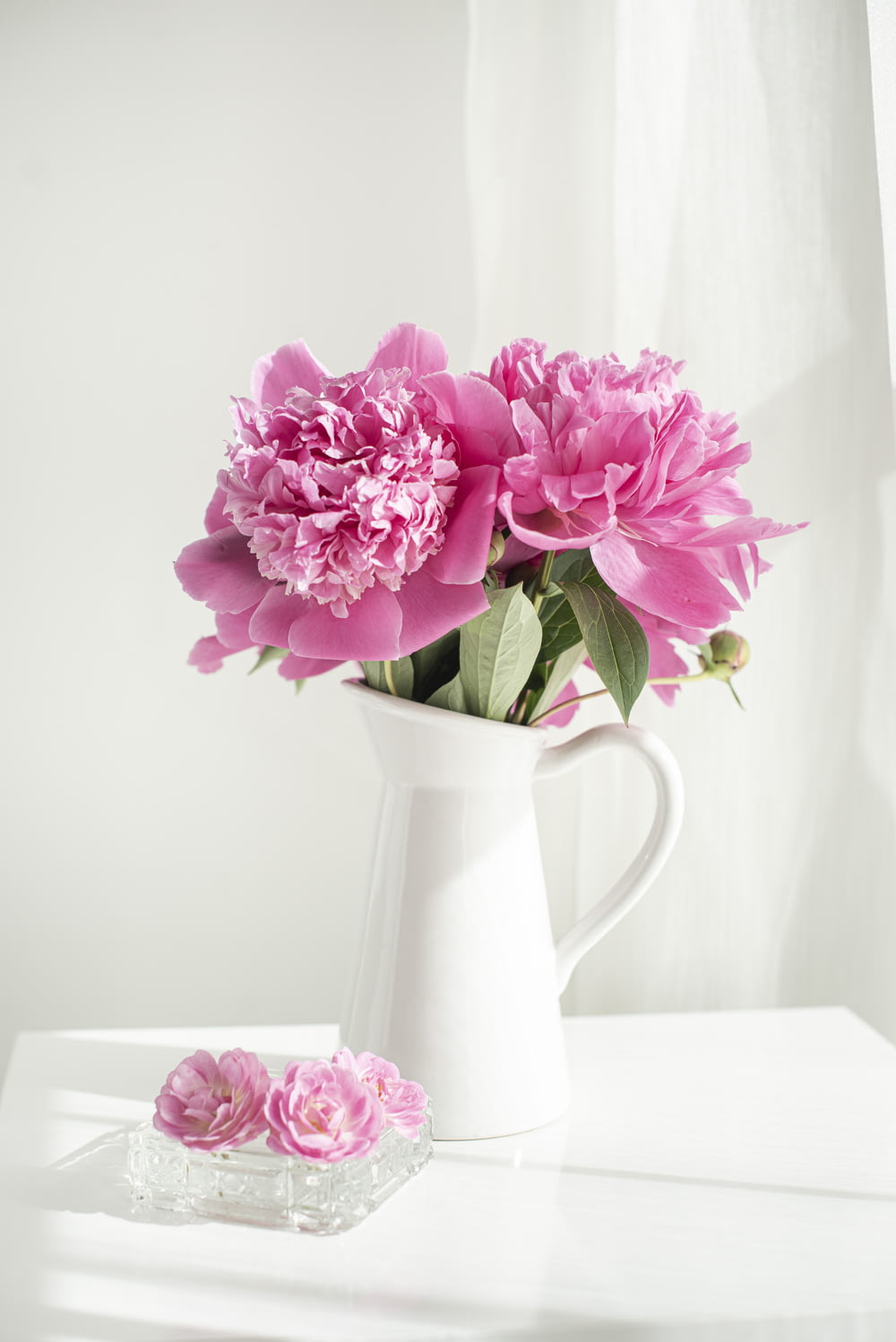 flores rosas y blancas en jarrón de cerámica blanca