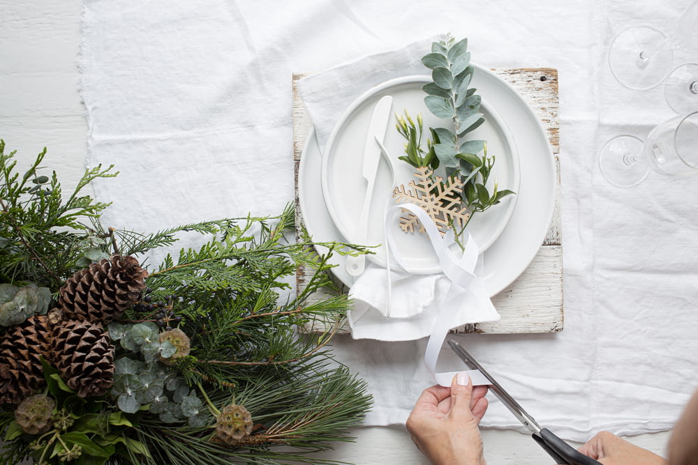 white and green plant on white ceramic plate