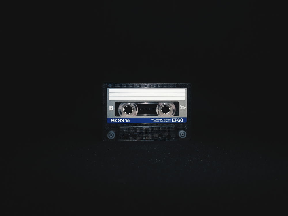 blue and white cassette tape