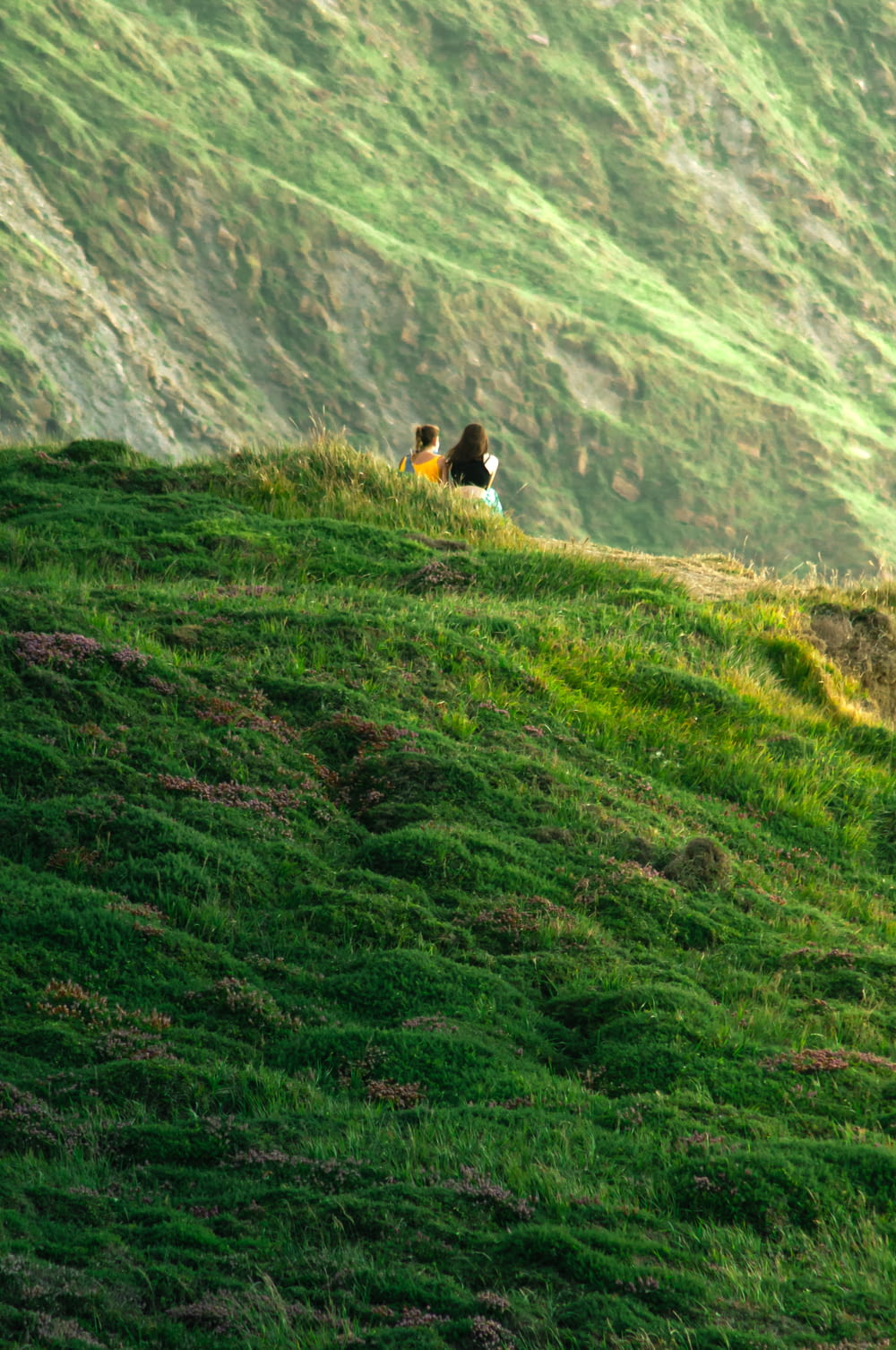 Person im schwarzen Hemd sitzt tagsüber auf grünem Rasen