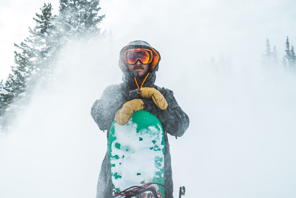 man in brown jacket wearing black and green snow goggles