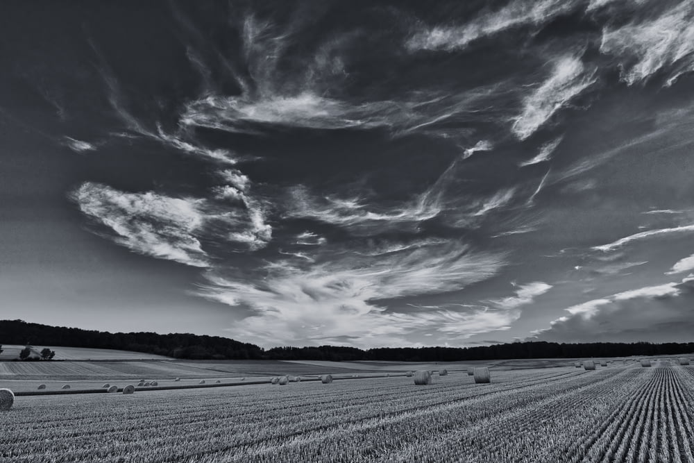 grayscale photo of a cloudy sky over the field