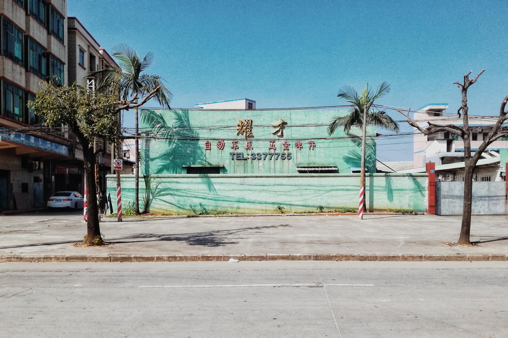 edificio in calcestruzzo verde e bianco vicino alla palma verde sotto il cielo blu durante il giorno