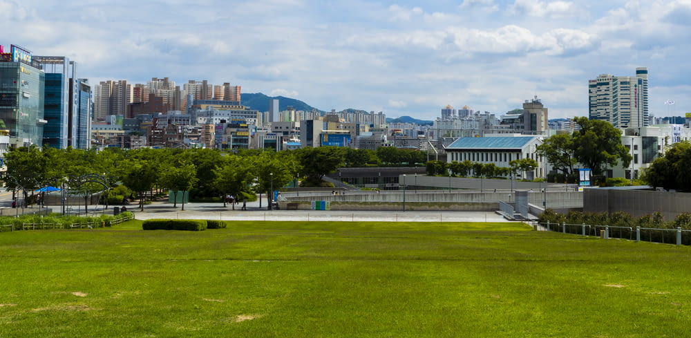 campo de grama verde perto de edifícios da cidade durante o dia