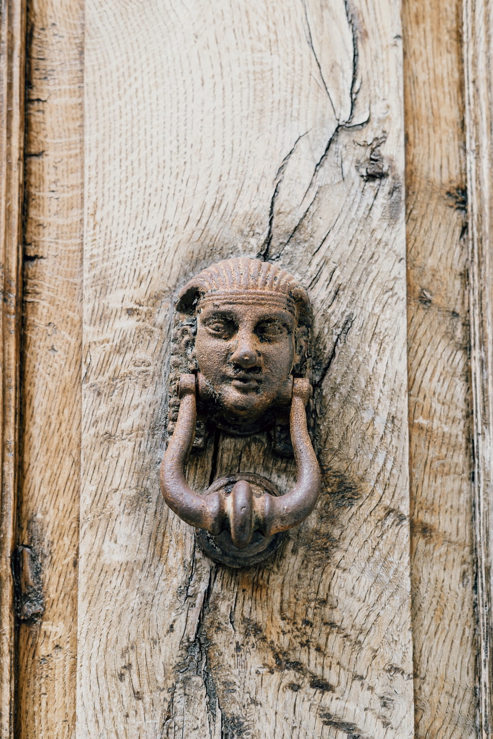 Puerta de madera marrón con tirador de puerta de león