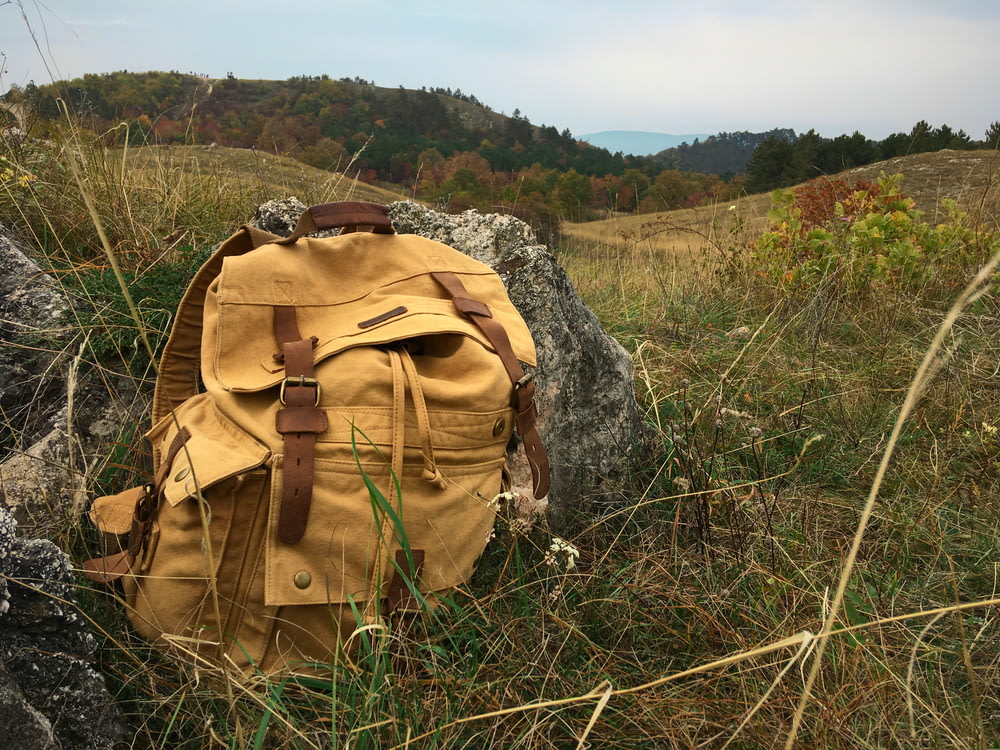 brown backpack on green grass field