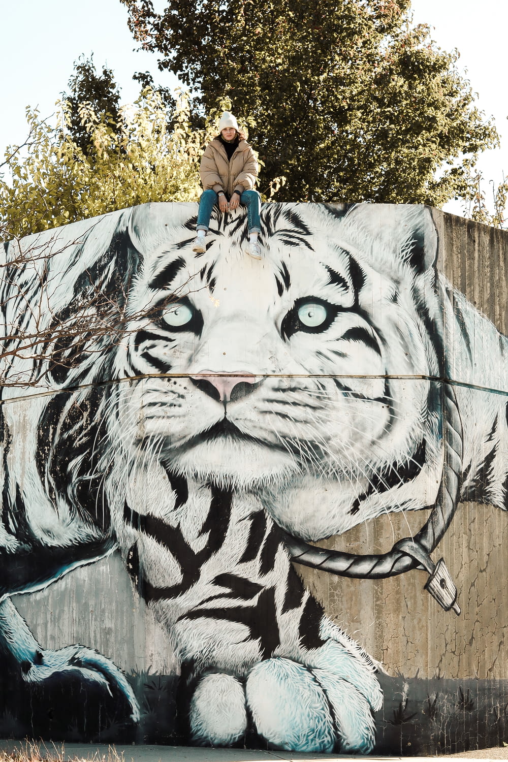 woman in blue shirt standing beside white and black tiger painting