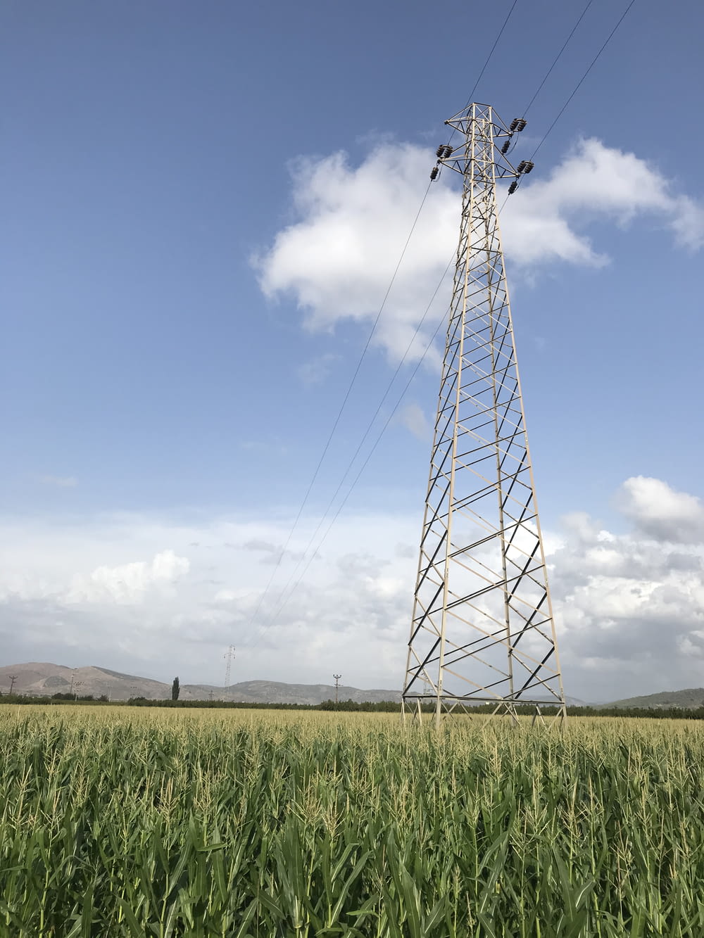 gray steel electric tower on green grass field under blue sky during daytime