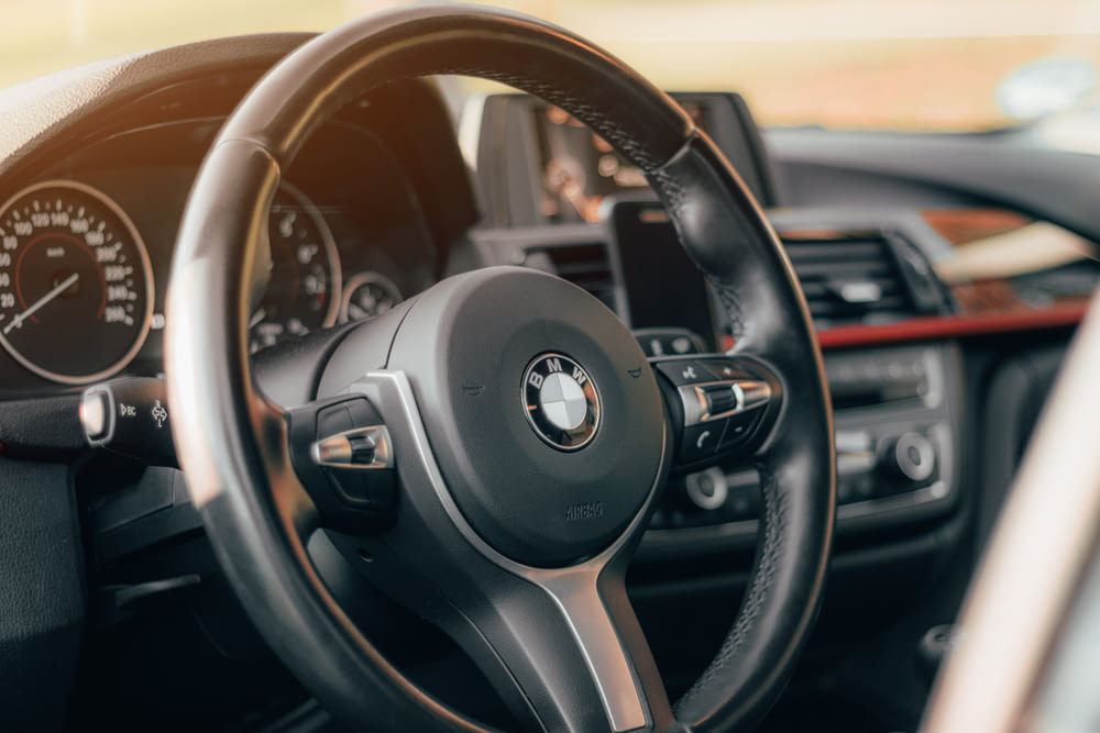 black and brown bmw steering wheel