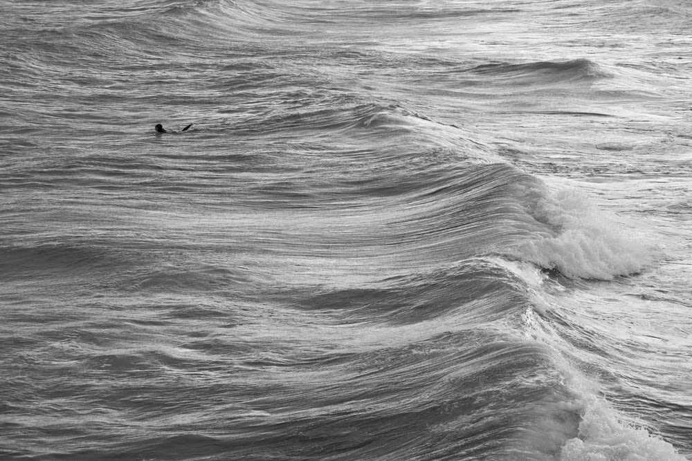 Graustufenfoto einer Person, die auf Meereswellen surft