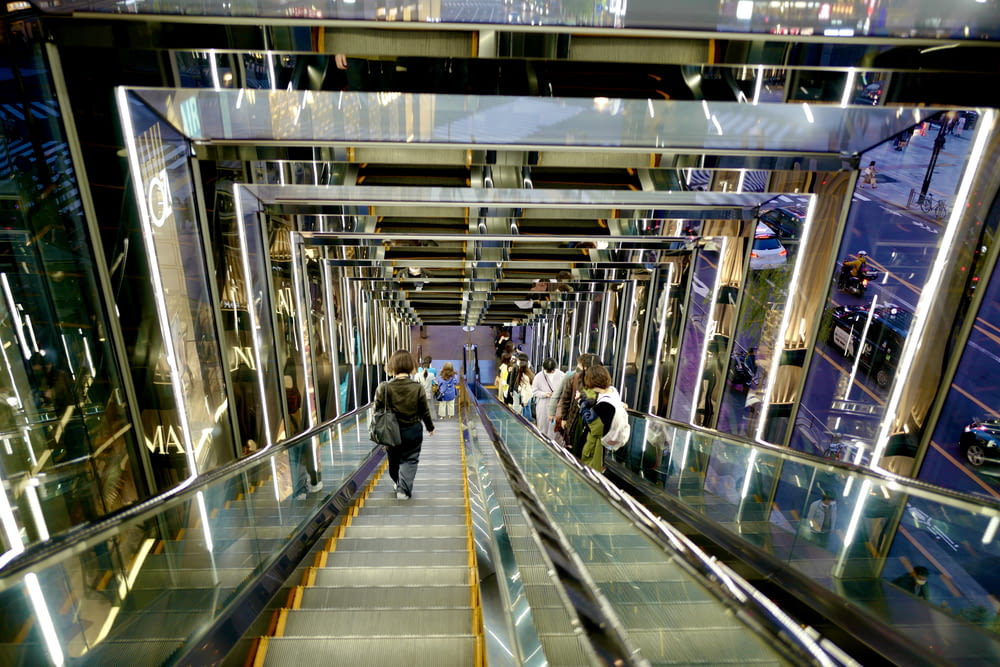 people walking on escalator inside building