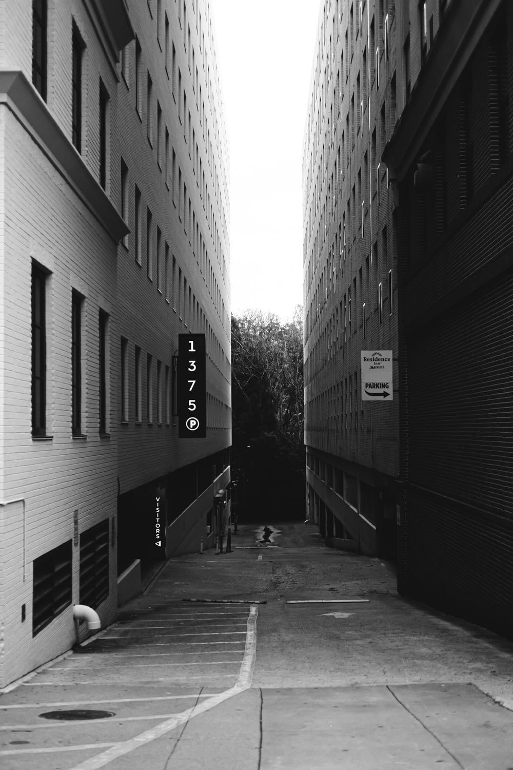 grayscale photo of pathway between concrete building