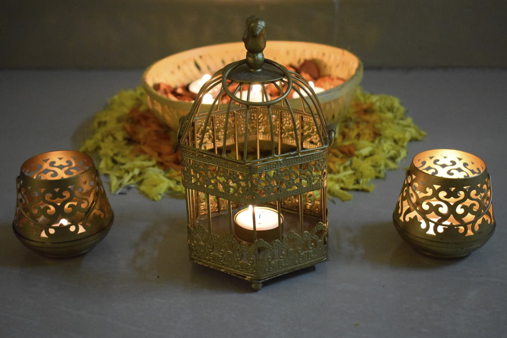 brown and black floral candle lantern