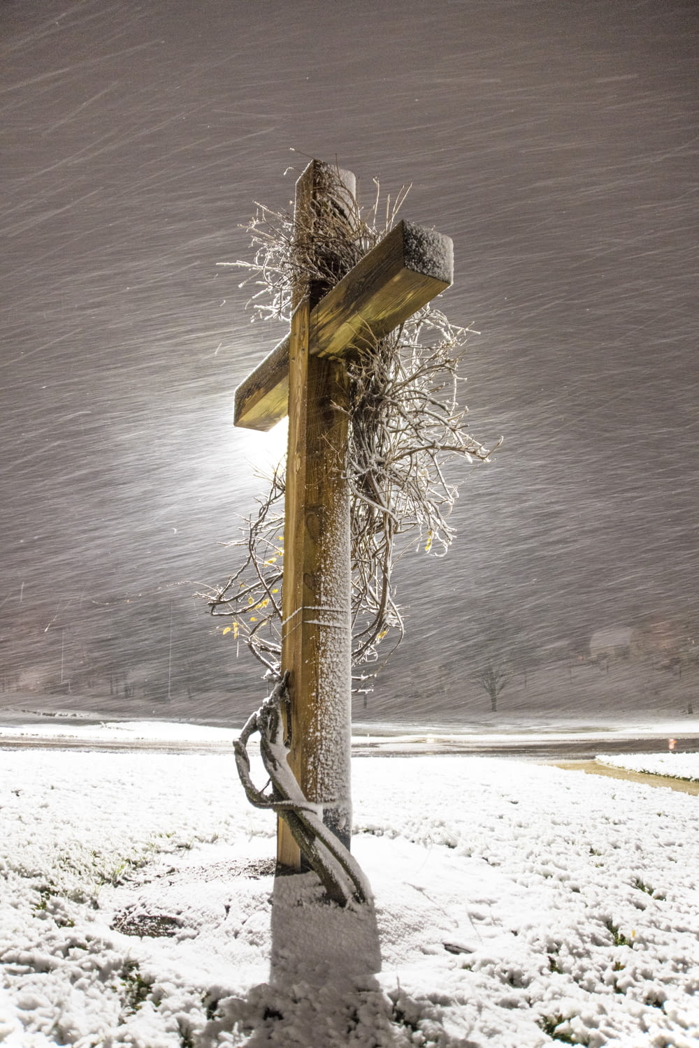 brown wooden post on snow covered ground