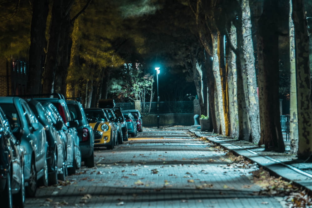 cars parked on the side of the road during night time