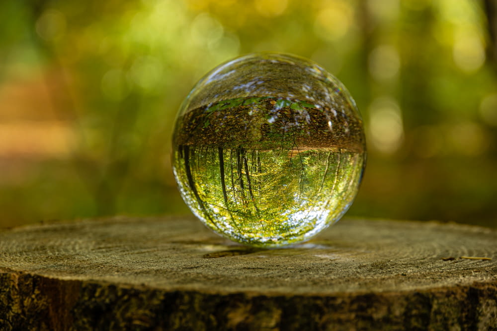 clear glass ball on brown wooden surface