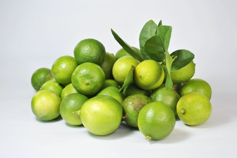 흰색 표면에 녹색 레몬 과일